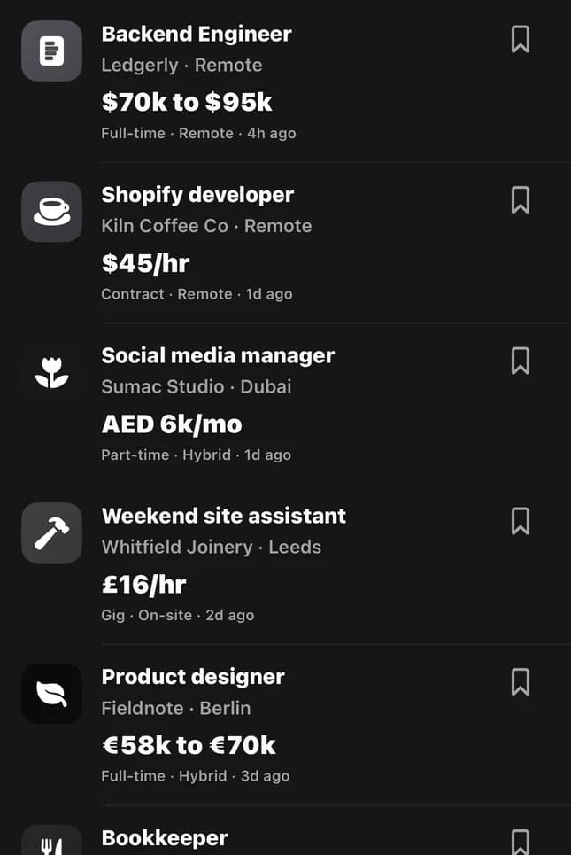 Jobs list with pay